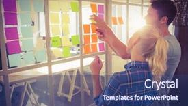  Presentation with young business people - Slide deck consisting of post note - young creative business people background and a ocean colored foreground