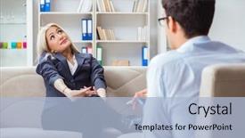  Presentation with psychiatrist - Amazing slides having post traumatic stress disorder - young woman visiting psychiatrist man backdrop and a light blue colored foreground