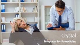  Presentation with psychiatrist - Theme consisting of post traumatic stress disorder - young woman visiting psychiatrist man background and a gray colored foreground