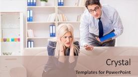  Presentation with psychiatrist - Theme featuring post traumatic stress disorder - young woman visiting psychiatrist man background and a coral colored foreground