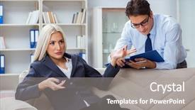  Presentation with psychiatrist - Cool new PPT theme with post traumatic stress disorder - young woman visiting psychiatrist man backdrop and a gray colored foreground