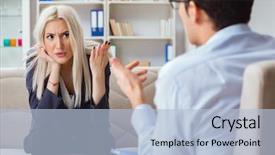  Presentation with psychiatrist - Slides enhanced with post traumatic stress disorder - young woman visiting psychiatrist man background and a light blue colored foreground