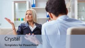  Presentation with post traumatic stress disorder - Amazing presentation theme having post traumatic stress disorder - young woman visiting psychiatrist man backdrop and a light blue colored foreground