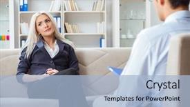  Presentation with psychiatrist - Cool new slide deck with post traumatic stress disorder - young woman visiting psychiatrist man backdrop and a light blue colored foreground
