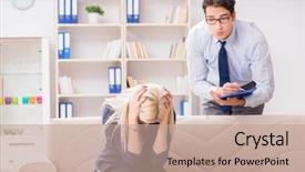  Presentation with psychiatrist - Colorful presentation design enhanced with post traumatic stress disorder - young woman visiting psychiatrist man backdrop and a coral colored foreground