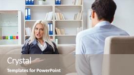  Presentation with traumatic disorder - Beautiful presentation theme featuring post traumatic stress disorder - young woman visiting psychiatrist man backdrop and a gray colored foreground