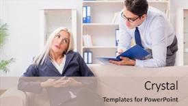  Presentation with traumatic disorder - PPT theme consisting of post traumatic stress disorder - young woman visiting psychiatrist man background and a soft green colored foreground