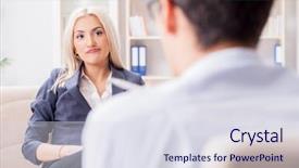  Presentation with psychiatrist - Slide deck featuring post traumatic stress disorder - young woman visiting psychiatrist man background and a sky blue colored foreground