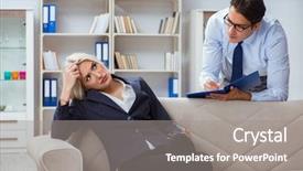  Presentation with traumatic disorder - Audience pleasing slide deck consisting of post traumatic stress disorder - young woman visiting psychiatrist man backdrop and a gray colored foreground