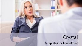  Presentation with psychiatrist - PPT theme featuring post traumatic stress disorder - young woman visiting psychiatrist man background and a light blue colored foreground
