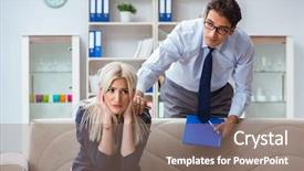  Presentation with psychiatrist - Slide deck enhanced with post traumatic stress disorder - young woman visiting psychiatrist man background and a coral colored foreground