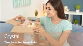  Presentation with young business woman smile show - Cool new PPT theme with postal - young woman opening parcel indoors backdrop and a coral colored foreground