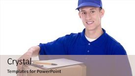  Presentation with cardboard - PPT layouts consisting of postal service - delivery man carrying cardboard box background and a  colored foreground