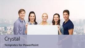  Presentation with team group - Audience pleasing presentation design consisting of team poster - education and people concept backdrop and a light blue colored foreground