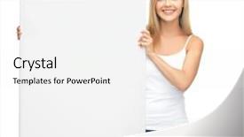  Presentation with white blank notebook silver - Presentation design featuring poster templates - happy smiling woman with white background and a white colored foreground