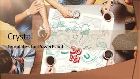  Presentation with company anniversary poster - PPT layouts enhanced with poster with drawings of charts background and a coral colored foreground