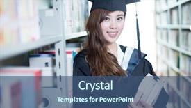  Presentation with book - Beautiful theme featuring asian female student holding book and wearing academic dress in library backdrop and a ocean colored foreground