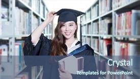  Presentation with academic - PPT layouts with asian female student holding book and wearing academic dress in library background and a ocean colored foreground