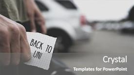  Presentation with note - PPT theme consisting of closeup of a caucasian student outdoors with a note with the text back to university written in it background and a gray colored foreground