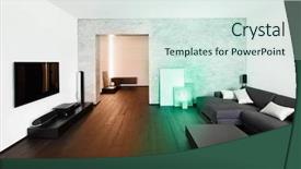  Presentation with room - Audience pleasing theme consisting of postmodern - modern minimalism style drawing-room interior backdrop and a sky blue colored foreground