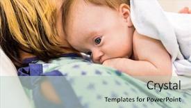  Presentation with postpartum - Slide set with postpartum care - closeup of adorable newborn babygirl background and a soft green colored foreground