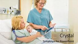  Presentation with postpartum - Beautiful PPT theme featuring postpartum care - mature female nurse explaining reports backdrop and a coral colored foreground