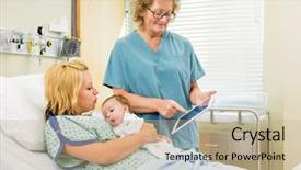  Presentation with postpartum - Slide set having postpartum care - mature female nurse explaining reports background and a coral colored foreground