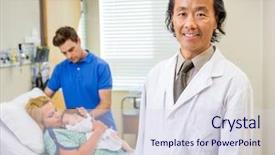  Presentation with newborn baby hospital - PPT theme enhanced with postpartum care - portrait of successful mature doctor background and a sky blue colored foreground