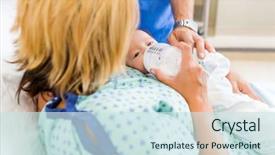  Presentation with postpartum - PPT theme featuring postpartum care - woman feeding milk to newborn background and a sky blue colored foreground