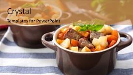  Presentation with meat - Colorful theme enhanced with pot - casserole with tasty meat backdrop and a yellow colored foreground