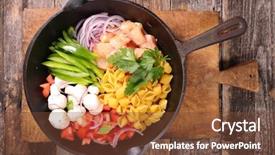  Presentation with pasta - Presentation design consisting of pot - raw pasta and ingredient background and a tawny brown colored foreground