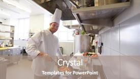  Presentation with restaurant kitchen - Colorful presentation theme enhanced with pot and frying pan backdrop and a coral colored foreground