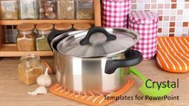  Presentation with mosaic - Beautiful slide deck featuring pot and spices in kitchen on table on mosaic tiles background backdrop and a coral colored foreground