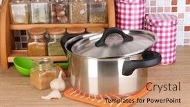  Presentation with mosaic - Colorful PPT theme enhanced with pot and spices in kitchen on table on mosaic tiles background backdrop and a coral colored foreground
