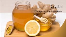  Presentation with honey - Presentation design having pot gold - honey in jar with honey background and a coral colored foreground