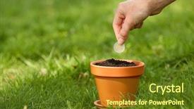  Presentation with green gold - Presentation design consisting of pot gold coins - female hand planting coin background and a tawny brown colored foreground