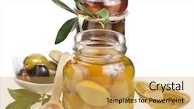  Presentation with mount of olives - Slide deck featuring pot jars - assorted marinated olives with spices background and a yellow colored foreground