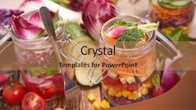  Presentation with fresh fruits salad on white - Colorful theme enhanced with pot jars - fresh vegetable salad backdrop and a coral colored foreground