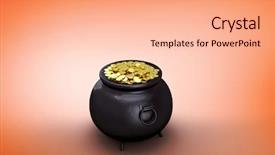  Presentation with orange colour abstract gold - PPT theme having pot of gold against orange background and a coral colored foreground