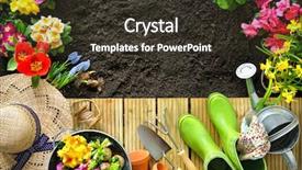  Presentation with gardening - Theme consisting of pot plants - gardening tools and flowers background and a tawny brown colored foreground