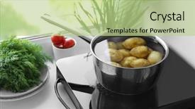  Presentation with metal - Slide set having pot with potato on induction background and a mint green colored foreground