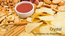  Presentation with salty - PPT theme with potato chips salty snack and salsa dip sauce background and a yellow colored foreground