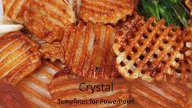  Presentation with potato chips - Amazing slide deck having potato chips served on white plate with small pickled eggplants isolated over white background backdrop and a red colored foreground