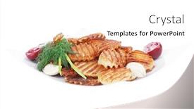  Presentation with potato chips - Slide deck featuring potato chips served on white plate with small pickled eggplants isolated over white background background and a white colored foreground