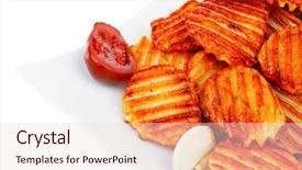  Presentation with potato chips - Presentation theme featuring potato chips served on white plate with small pickled eggplants isolated over white background background and a lemonade colored foreground