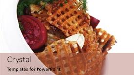  Presentation with potato chips - Slides with potato chips served with small pickled eggplants in small white bowl isolated on white background background and a red colored foreground