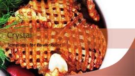  Presentation with potato chips - PPT theme consisting of potato chips served with small pickled eggplants in small white bowl isolated on white background background and a red colored foreground