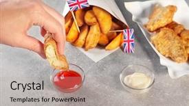  Presentation with ketchup - Colorful presentation enhanced with potato dips - woman dipping a piece backdrop and a coral colored foreground