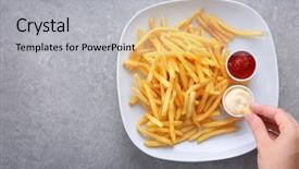  Presentation with french fries - PPT layouts consisting of potato dips - woman eating yummy french fries background and a light gray colored foreground