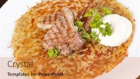  Presentation with pancake - Beautiful presentation theme featuring potato pancake with meat backdrop and a gold colored foreground